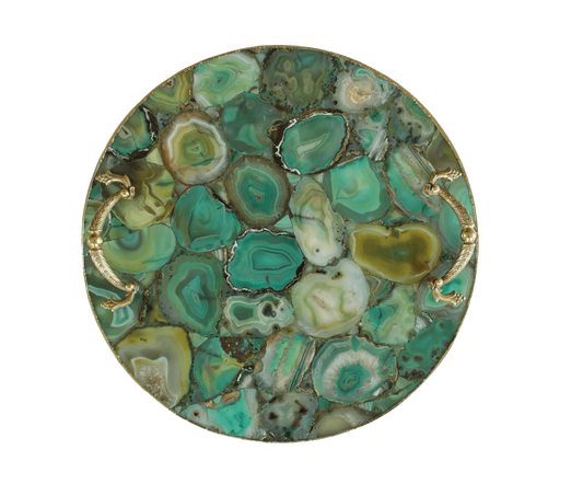 Green Agate Round Serving Tray With Brass Handles