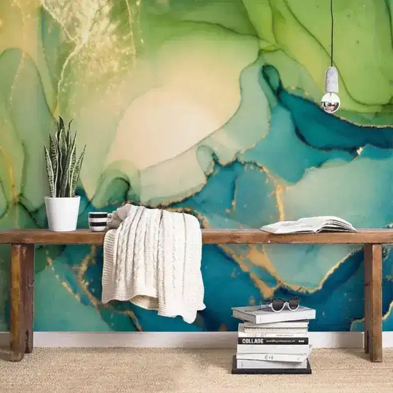 Green and Blue Abstract Watercolor Marble Wallpaper