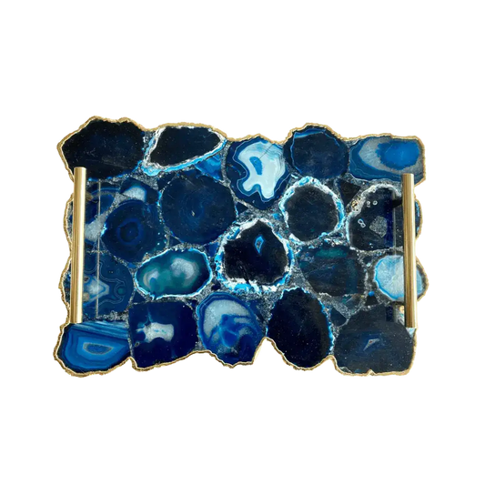 Large Blue Agate Serving Tray With Brass Handles
