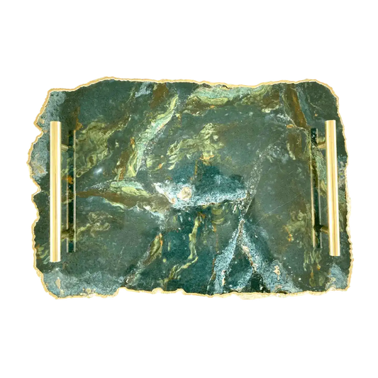 Large Green Agate Serving Tray With Brass Handles