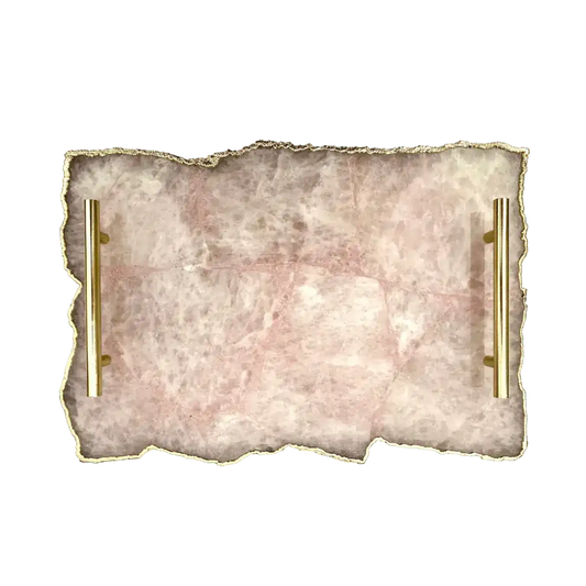 Large Rose Quartz Agate Serving Tray With Brass Handles